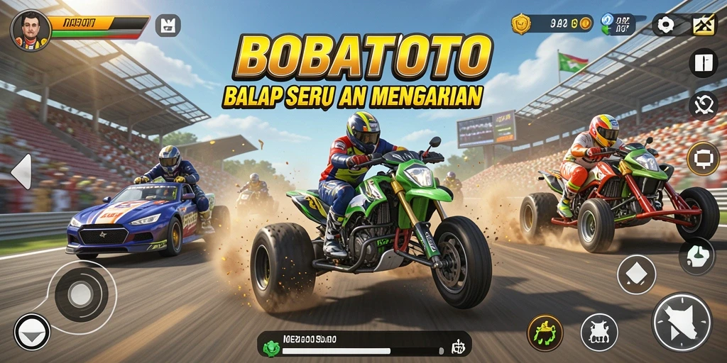 Tampilan gameplay utama BOBATOTO dengan aksi balap yang dinamis.