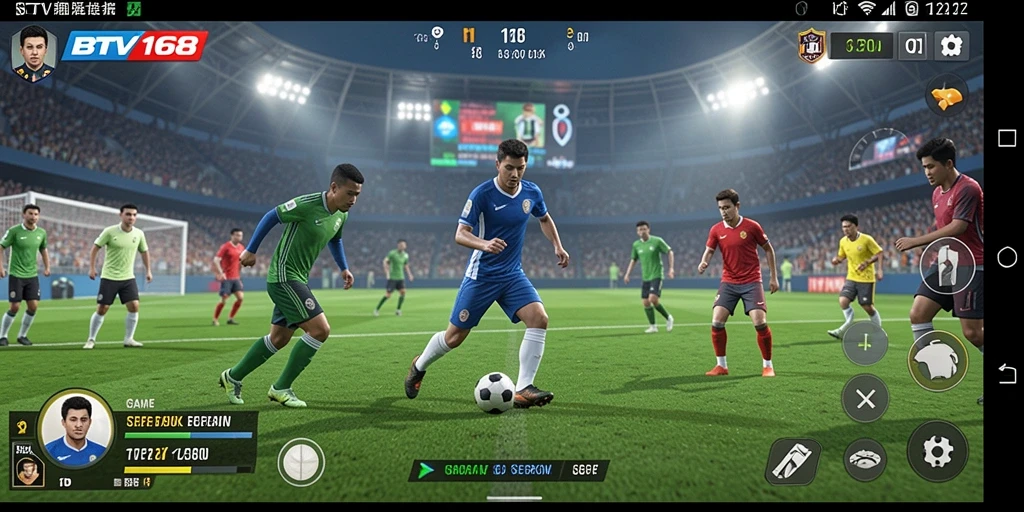 Tampilan gameplay BTV168 yang penuh aksi dan seru di lapangan sepak bola.