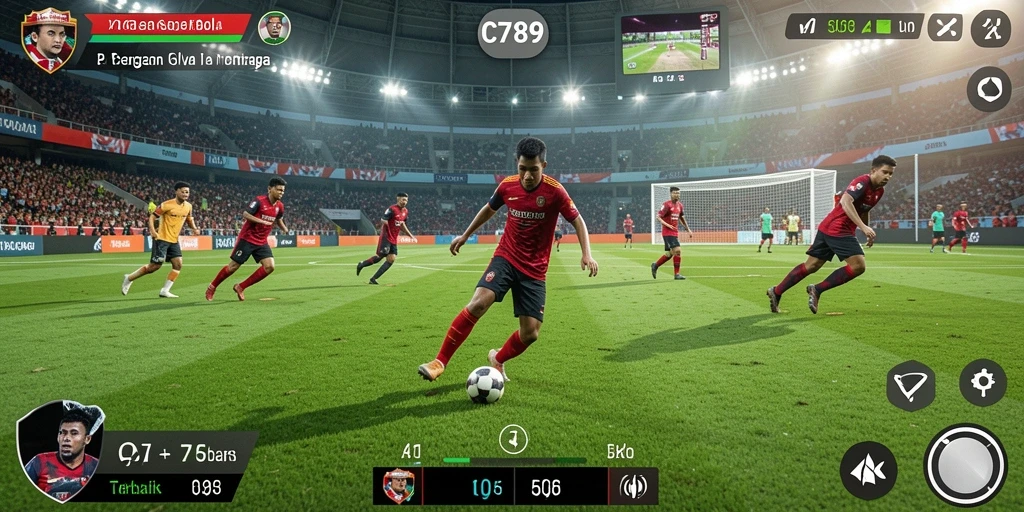 Tangkapan layar dari gameplay C789 menunjukkan aksi sepak bola yang mendebarkan.