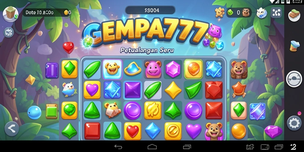Screenshot gameplay <strong>GEMPA777</strong> yang menunjukkan permata berwarna-warni yang saling mencocok.