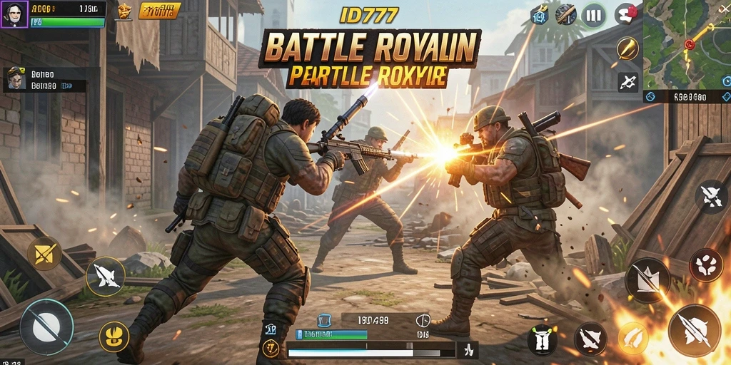 Screenshot ID777 menampilkan pertarungan mendebarkan dalam game Battle Royale.