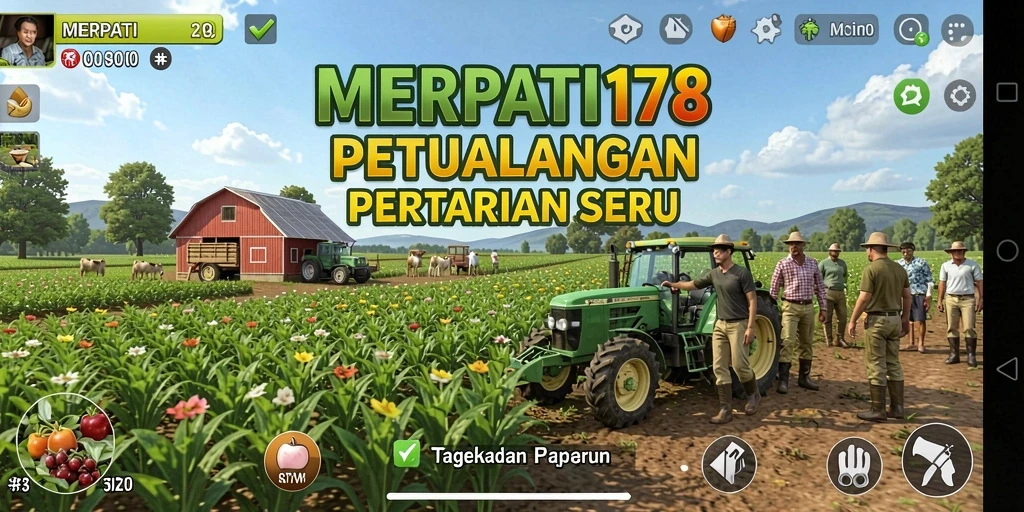 Screenshot gameplay <strong>MERPATI178</strong> menampilkan ladang pertanian yang subur dan hewan ternak.