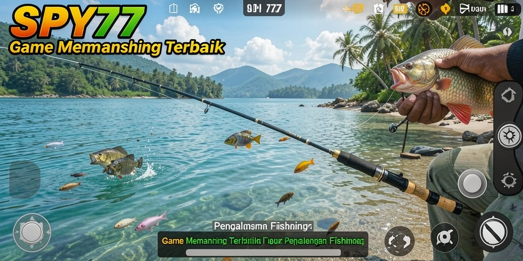 Screenshot gameplay SPY77 yang menampilkan aksi memancing yang seru.